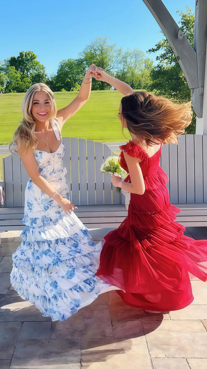 Blue Floral Senior Prom Dress Ruffles Tiered Evening Dress