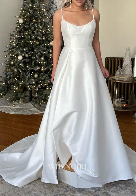 Satin A-Line Scoop Neck Sleeveless Side Slit Spaghetti Straps Simple Wedding Dress