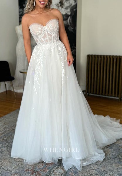 A-Line Sweetheart Detachable Long Puff Sleeves Appliqued Sweep Train Wedding Dress
