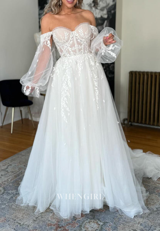 A-Line Sweetheart Detachable Long Puff Sleeves Appliqued Sweep Train Wedding Dress