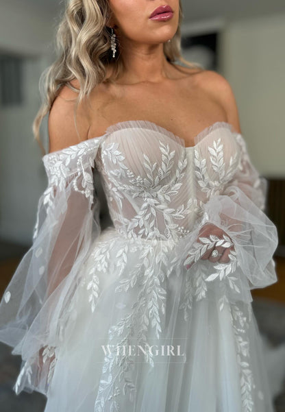 A-Line Sweetheart Detachable Long Puff Sleeves Appliqued Sweep Train Wedding Dress