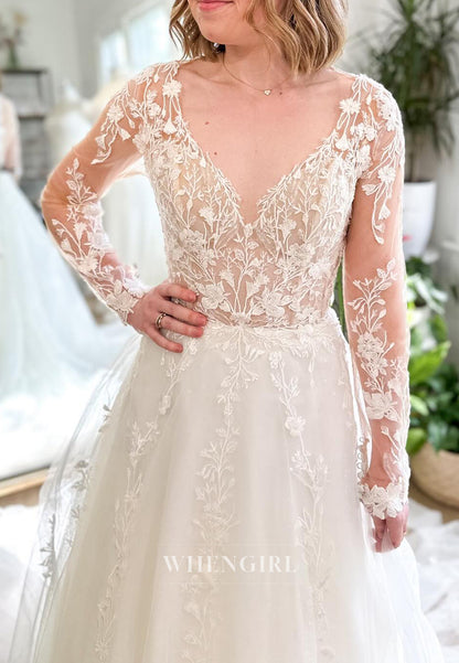 A-Line Long Sleeves Appliquede Lace Buttons Court Train Wedding Dress