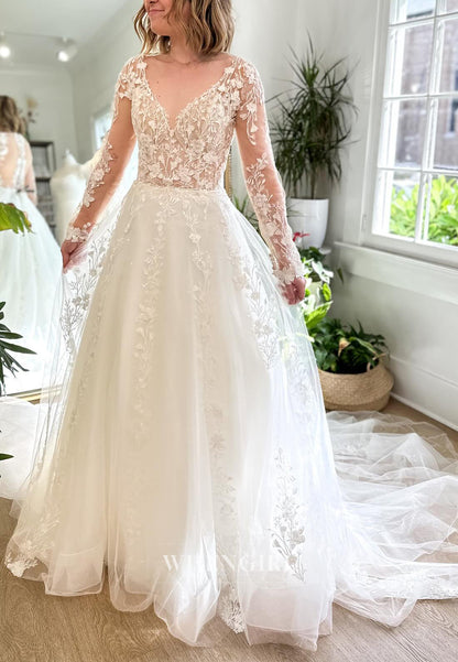 A-Line Long Sleeves Appliquede Lace Buttons Court Train Wedding Dress