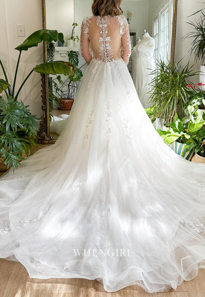 A-Line Long Sleeves Appliquede Lace Buttons Court Train Wedding Dress