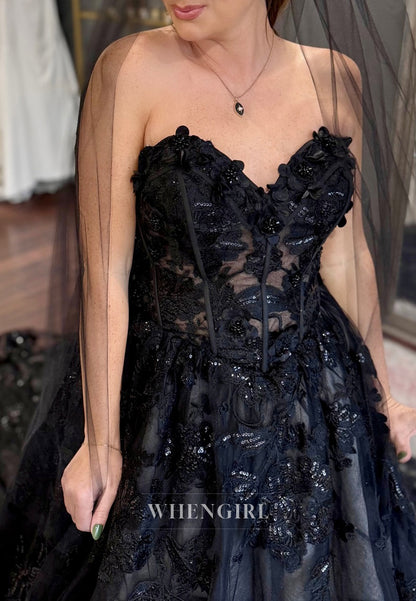 Black A-Line Sweetheart Sleeveless Appliqued Lace Court Train Wedding Dress