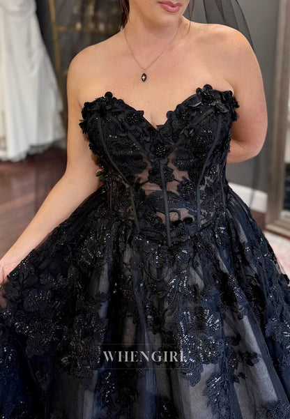 Black A-Line Sweetheart Sleeveless Appliqued Lace Court Train Wedding Dress