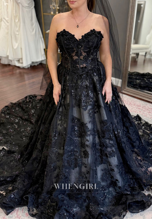 Black A-Line Sweetheart Sleeveless Appliqued Lace Court Train Wedding Dress