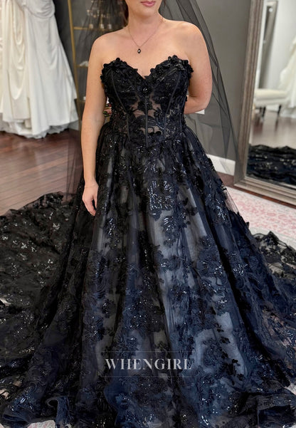 Black A-Line Sweetheart Sleeveless Appliqued Lace Court Train Wedding Dress