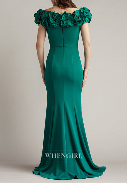 Hunter Green V Neck 3D Flowers Back Zipper Cap Sleeves Mermaid Mother of the Bride Dress