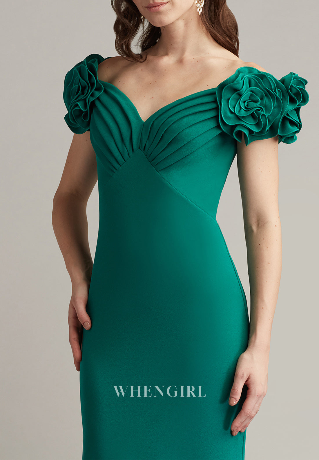 Hunter Green V Neck 3D Flowers Back Zipper Cap Sleeves Mermaid Mother of the Bride Dress