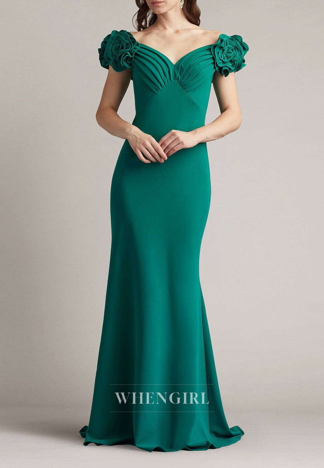 Hunter Green V Neck 3D Flowers Back Zipper Cap Sleeves Mermaid Mother of the Bride Dress