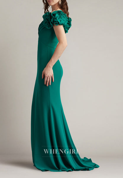 Hunter Green V Neck 3D Flowers Back Zipper Cap Sleeves Mermaid Mother of the Bride Dress