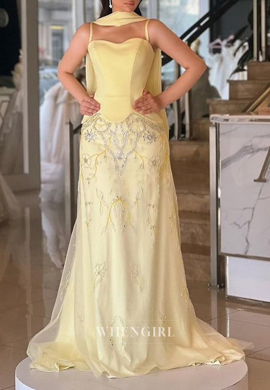 Daffodil Column Sweetheart Sleeveless Beaded Sweep Train Formal Evening Gown with Scarf