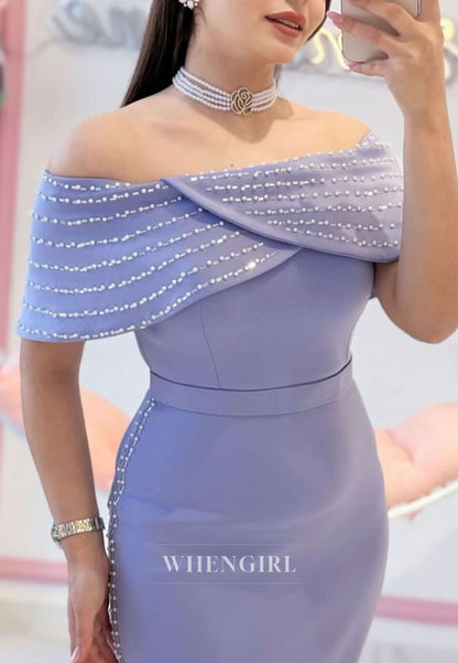 Elegant Sheath Off Shoulder Beaded Ankle Length Formal Evening Gown Party Dress
