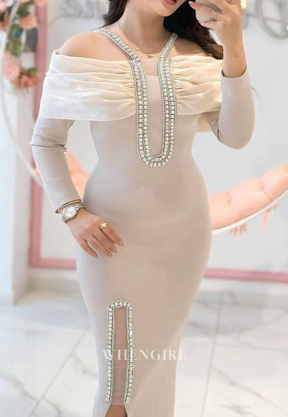Khaki Rhinestones Beading Straps Long Sleeves Pleated Sheath Side Slit Formal Gown