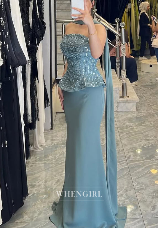 Blue Sleeveless Beaded Sheath Floor Length Formal Evening Dress with Scarf