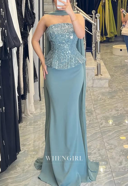 Blue Sleeveless Beaded Sheath Floor Length Formal Evening Dress with Scarf