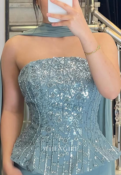 Blue Sleeveless Beaded Sheath Floor Length Formal Evening Dress with Scarf