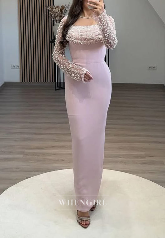 Pale Blush Pearls Beading Square Neck Long Sleeves Sheath Long Formal Evening Gown
