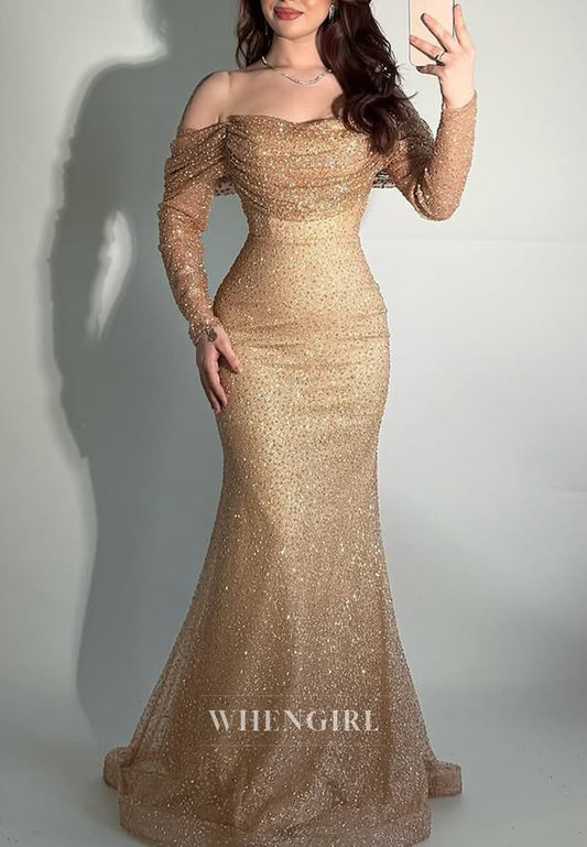Sparkly Champagne Off Shoulder Long Sleeves Back Zipper Mermaid Long Evening Formal Gown