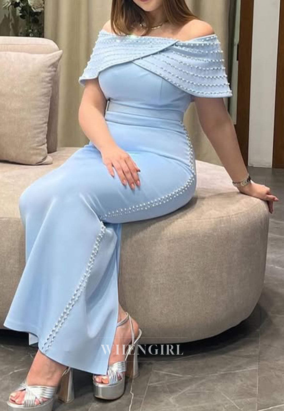 Elegant Sheath Off Shoulder Beaded Ankle Length Formal Evening Gown Party Dress