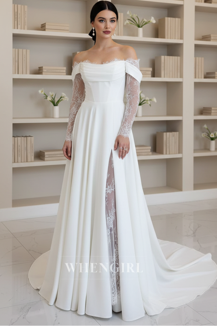 A-Line Off Shoulder Long Lace Sleeves Side Slit Sweep Train Wedding Dress