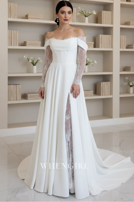 A-Line Off Shoulder Long Lace Sleeves Side Slit Sweep Train Wedding Dress