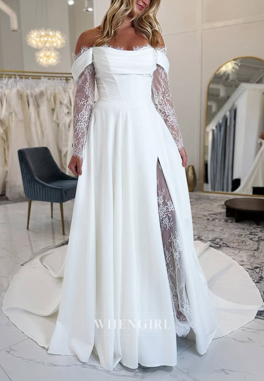 A-Line Off Shoulder Long Lace Sleeves Side Slit Sweep Train Wedding Dress