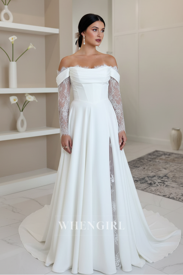 A-Line Off Shoulder Long Lace Sleeves Side Slit Sweep Train Wedding Dress