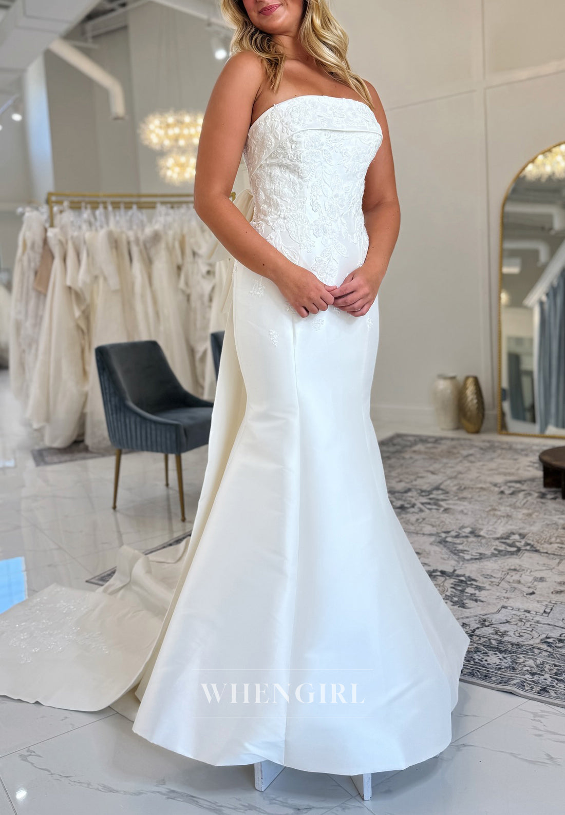 Tube Top Embroidery Beaded Bowknot Sweep Trian Mermaid Wedding Dress
