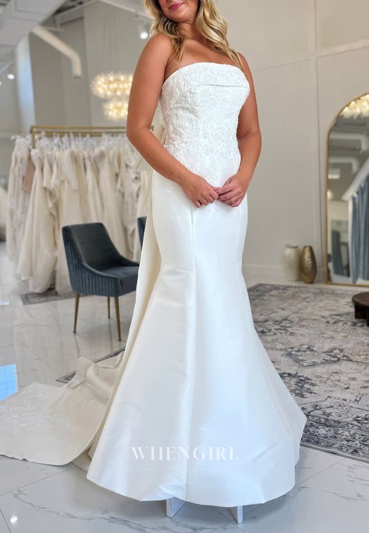 Tube Top Embroidery Beaded Bowknot Sweep Trian Mermaid Wedding Dress