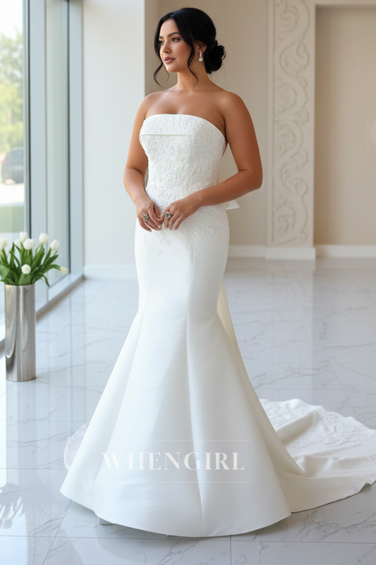 Tube Top Embroidery Beaded Bowknot Sweep Trian Mermaid Wedding Dress