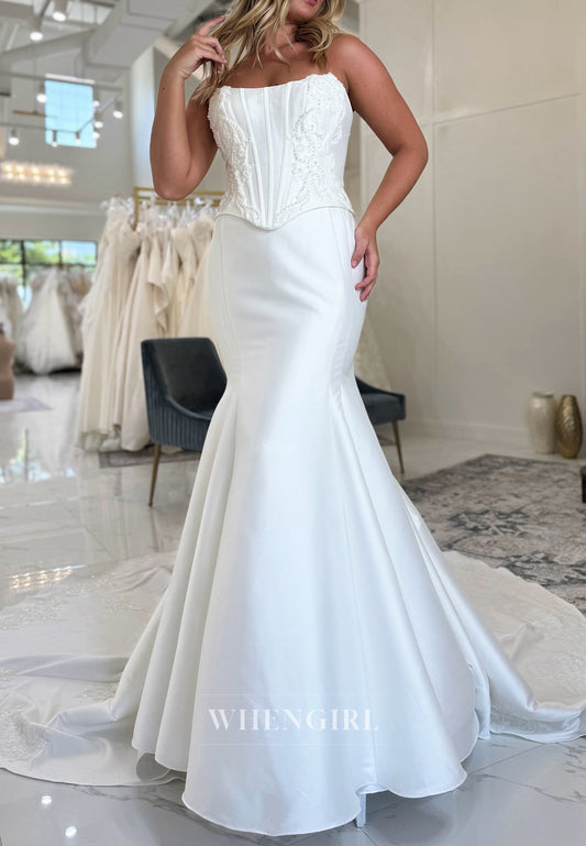 Strapless Mermaid Satin Beaded Corset Court Train Sleeveless Wedding Dress