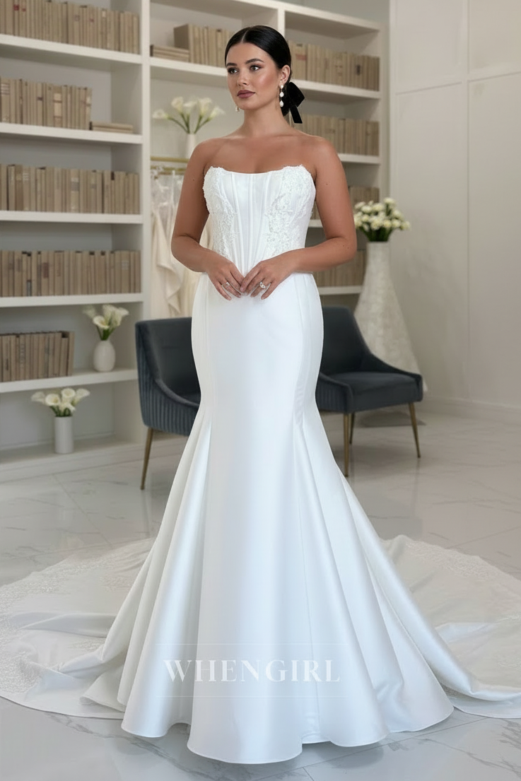 Strapless Mermaid Satin Beaded Corset Court Train Sleeveless Wedding Dress