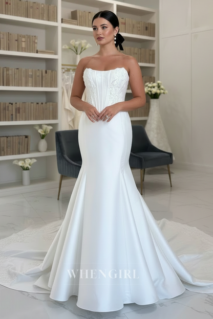 Strapless Mermaid Satin Beaded Corset Court Train Sleeveless Wedding Dress