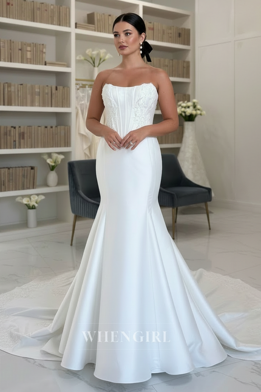 Strapless Mermaid Satin Beaded Corset Court Train Sleeveless Wedding Dress