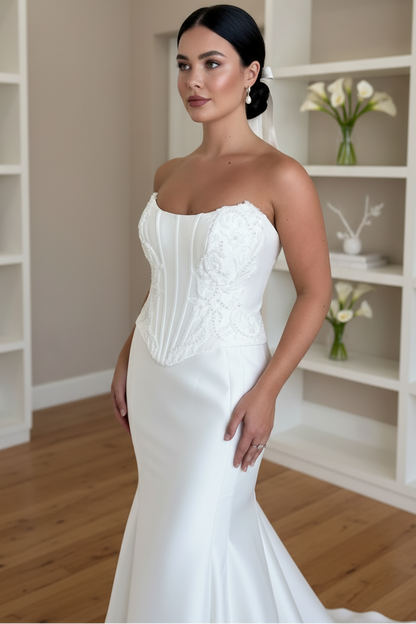 Strapless Mermaid Satin Beaded Corset Court Train Sleeveless Wedding Dress
