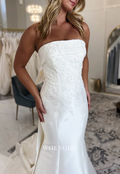 Tube Top Embroidery Beaded Bowknot Sweep Trian Mermaid Wedding Dress