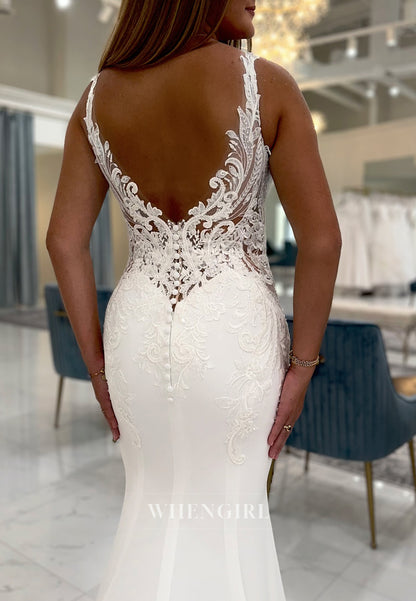 Mermaid V Neck Appliqued Lace Regular Straps Sleeveless Court Train Wedding Dress