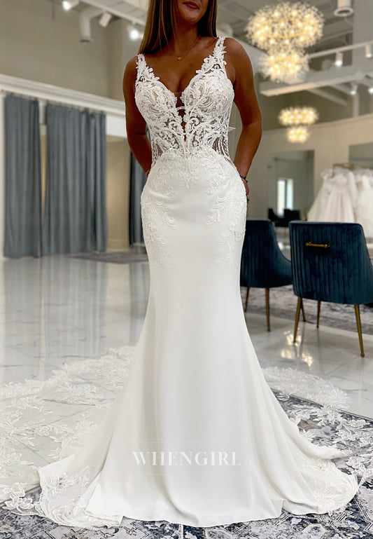 Mermaid V Neck Appliqued Lace Regular Straps Sleeveless Court Train Wedding Dress