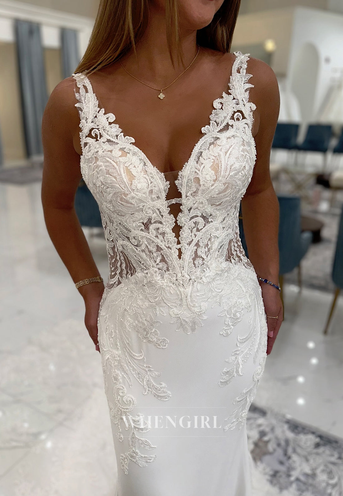 Mermaid V Neck Appliqued Lace Regular Straps Sleeveless Court Train Wedding Dress