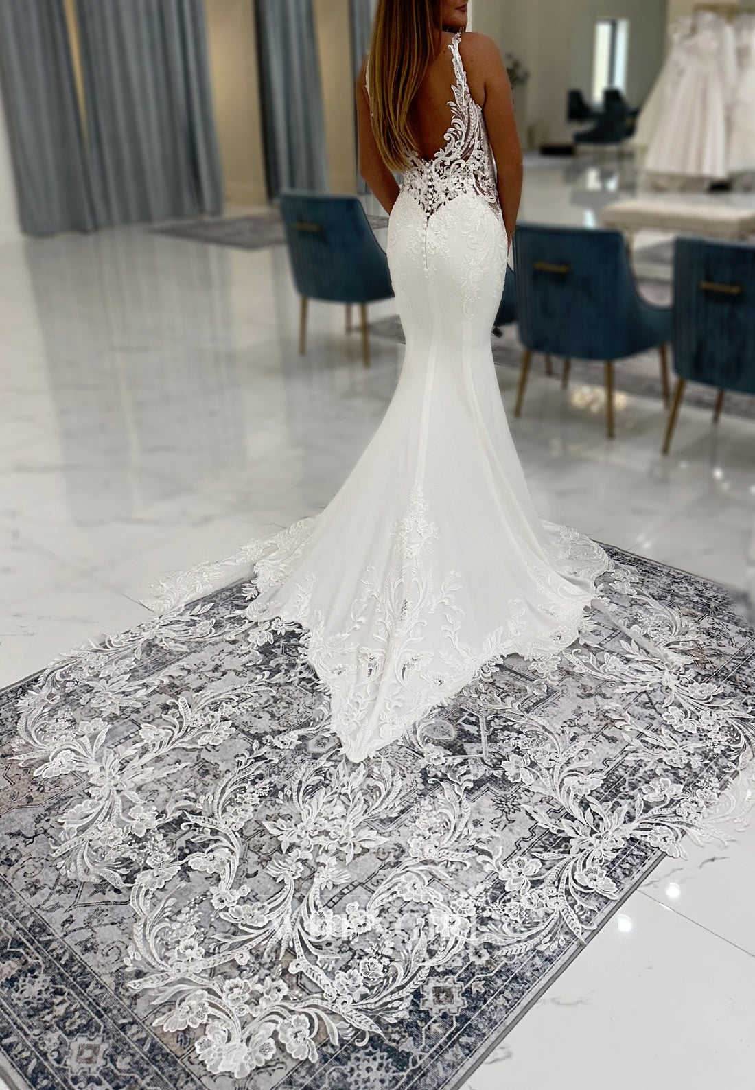 Mermaid V Neck Appliqued Lace Regular Straps Sleeveless Court Train Wedding Dress