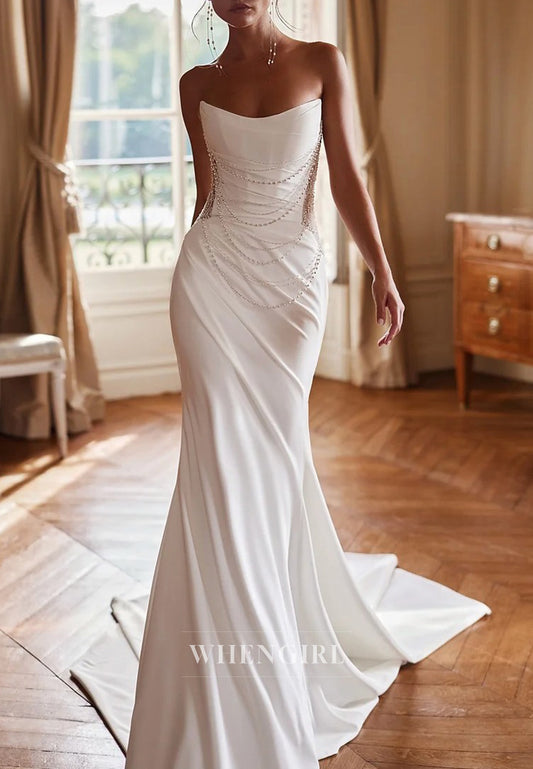 Mermaid Bateau Neck Sleeveless Beaded Sweep Train Wedding Dress