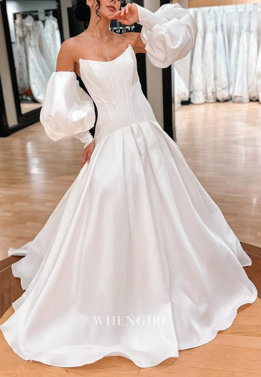 Mermaid Strapless Lace Up Lantern Sleeves Pleated Court Train Wedding Dress