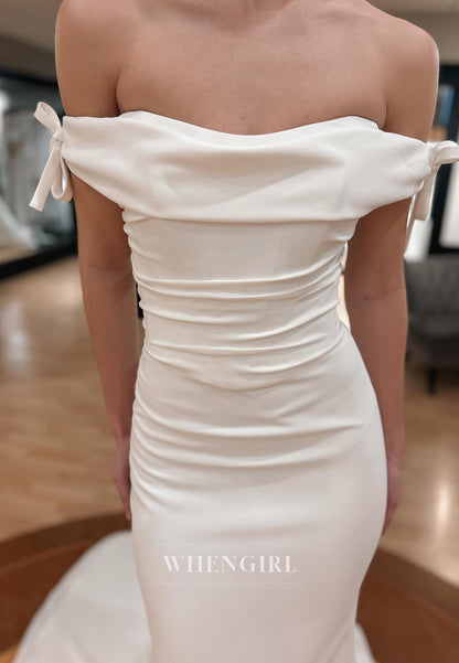 Mermaid Off Shoulder Sleeveless Simple Wedding Dress with Sweep Train
