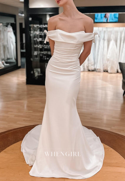 Mermaid Off Shoulder Sleeveless Simple Wedding Dress with Sweep Train