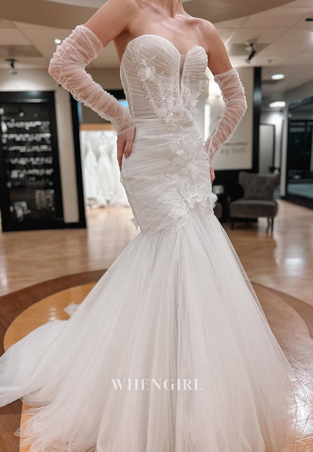 V Neck Long Sleeves Appliqued Back Zipper Strapless Mermaid Wedding Dress with Court Train