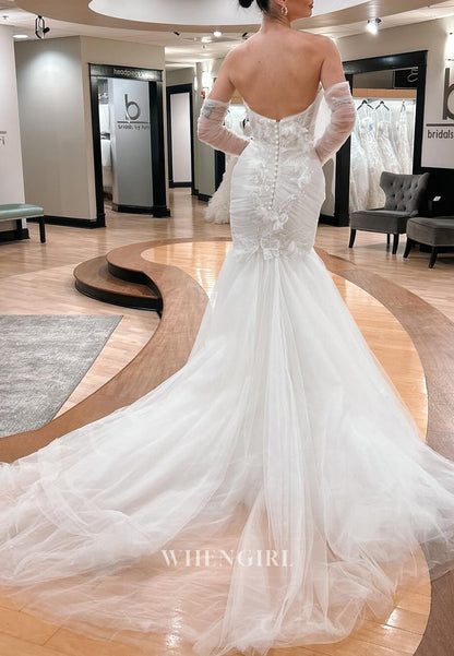 V Neck Long Sleeves Appliqued Back Zipper Strapless Mermaid Wedding Dress with Court Train