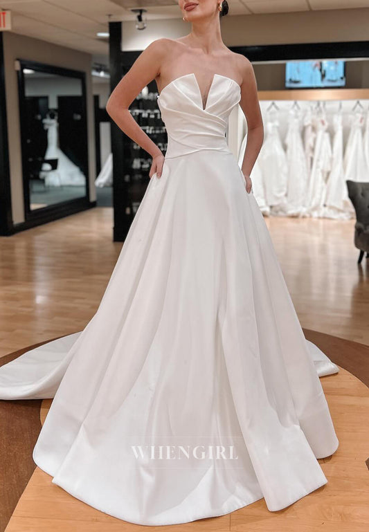 Pleated V Neck Pockets Sleeveless A-Line Wedding Dress with Court Train