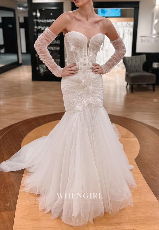 V Neck Long Sleeves Appliqued Back Zipper Strapless Mermaid Wedding Dress with Court Train
